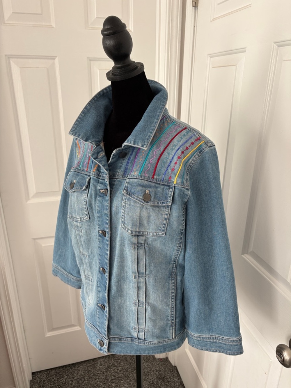 J. Jill Light Blue Denim Jacket with Multicolor Embroidered Yoke - Picture 3 of 13